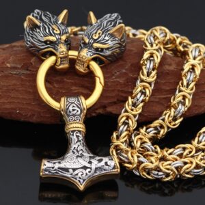Wolf Head Thor Hammer Necklace – Nordic Viking Amulet Chain